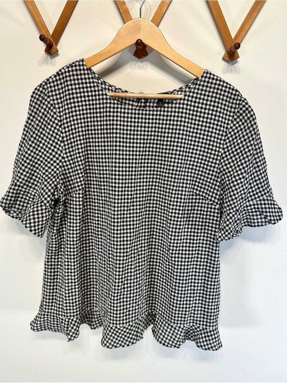 Talbots Black & White Gingham Ruffle Sleeve Top Cotton XL Peplum linen